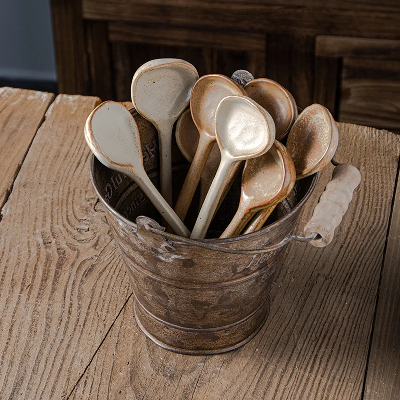 Japanese Coarse Pottery Spoon Household High Appearance Level Small Spoon Long Handle Coffee Cup Spoon Soup Spoon Porridge Spoon