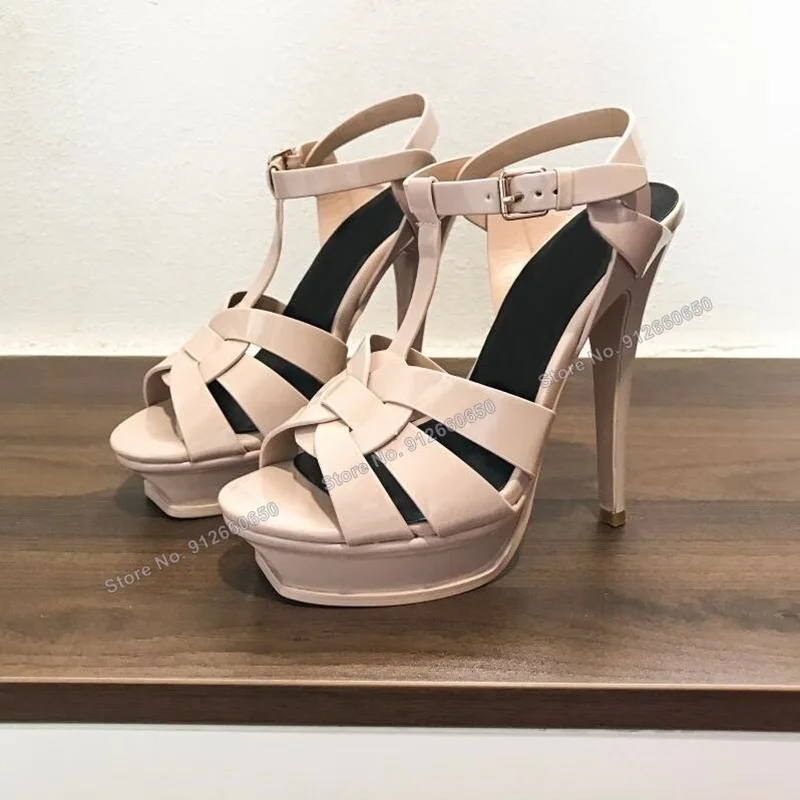 Moraima Snc Blue T Strap Platform Sandals Hollow Open Toe Ankle Buckle Spike High Heels Cut Out Summer Wedding Shoes on Heels