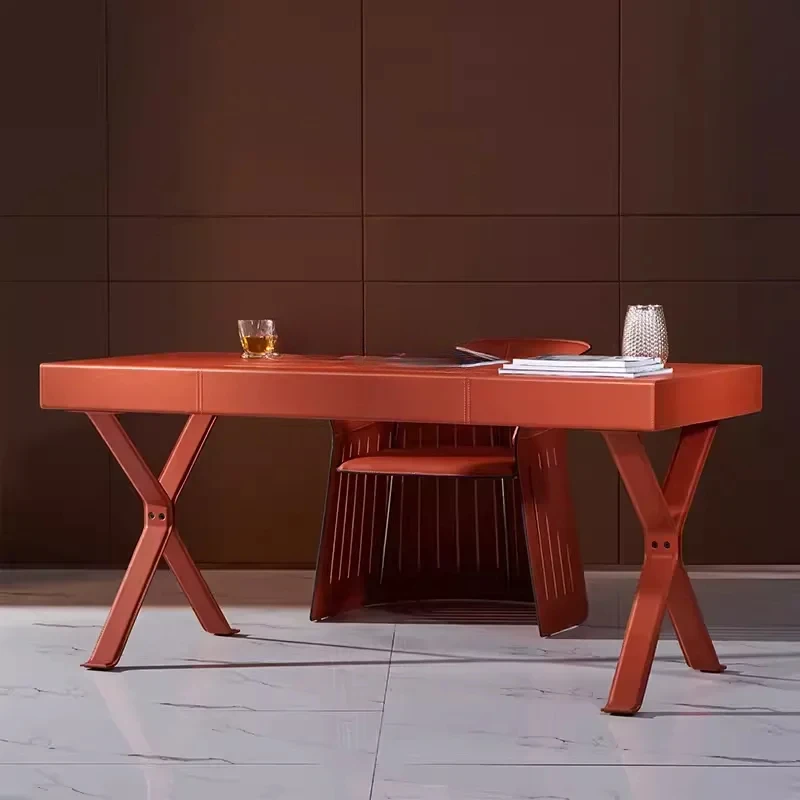 A Italian Minimalist Saddle Leather Leather Couch Single Study Chair Computer Chair Light Luxury Armchair Combination Desk