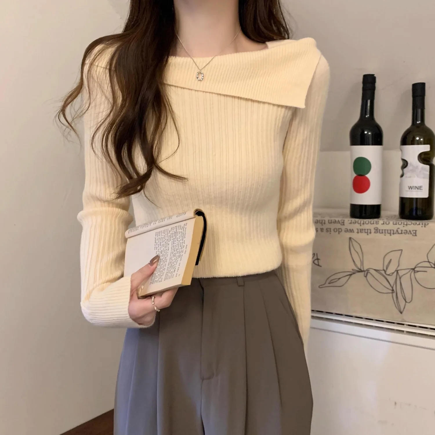 

Вязаный топ на одно плечо Ele для женщин, ранняя осень, с длинным рукавом, базовый слой, свитер Ci Walk, подходит для женщин среднего и старшего возраста