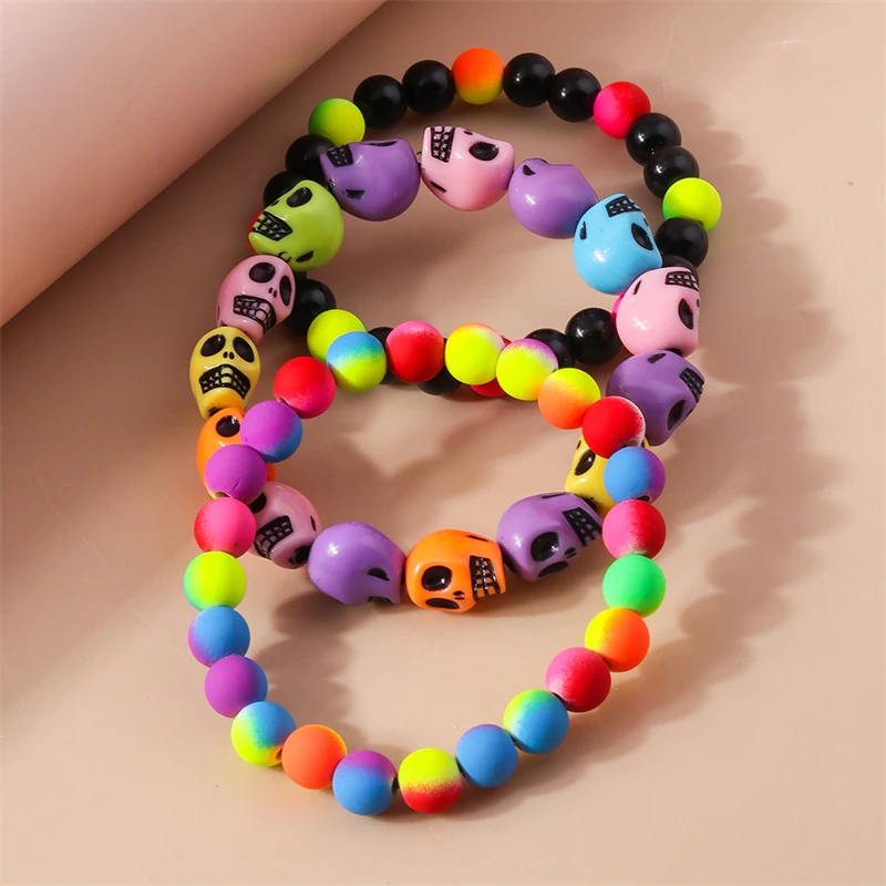 Fashion Colorful Skull Beads Bracelet for Women Adjustable Elastic Handmade Beaded Bracelet Girls Party Holiday Jewelry Gifts