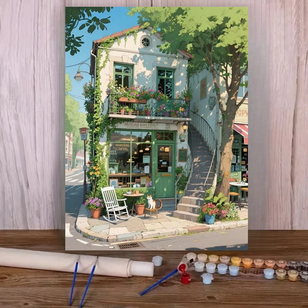 Diamond Painting nach Zahlen Grüne Café-Straßenlandschaft DIY Kunstwerk Entspannende Wanddekoration für Zuhause Ohne Rahmen