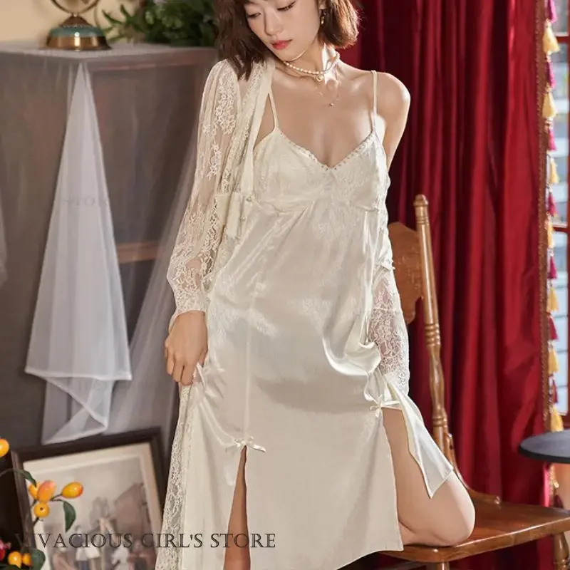 2Pcs Set Spring Summer Home Dress Sleepwear Nightgown Sleepwear Sexy Hollow Out Lace Long Robe Elegant Court Style Loungewear