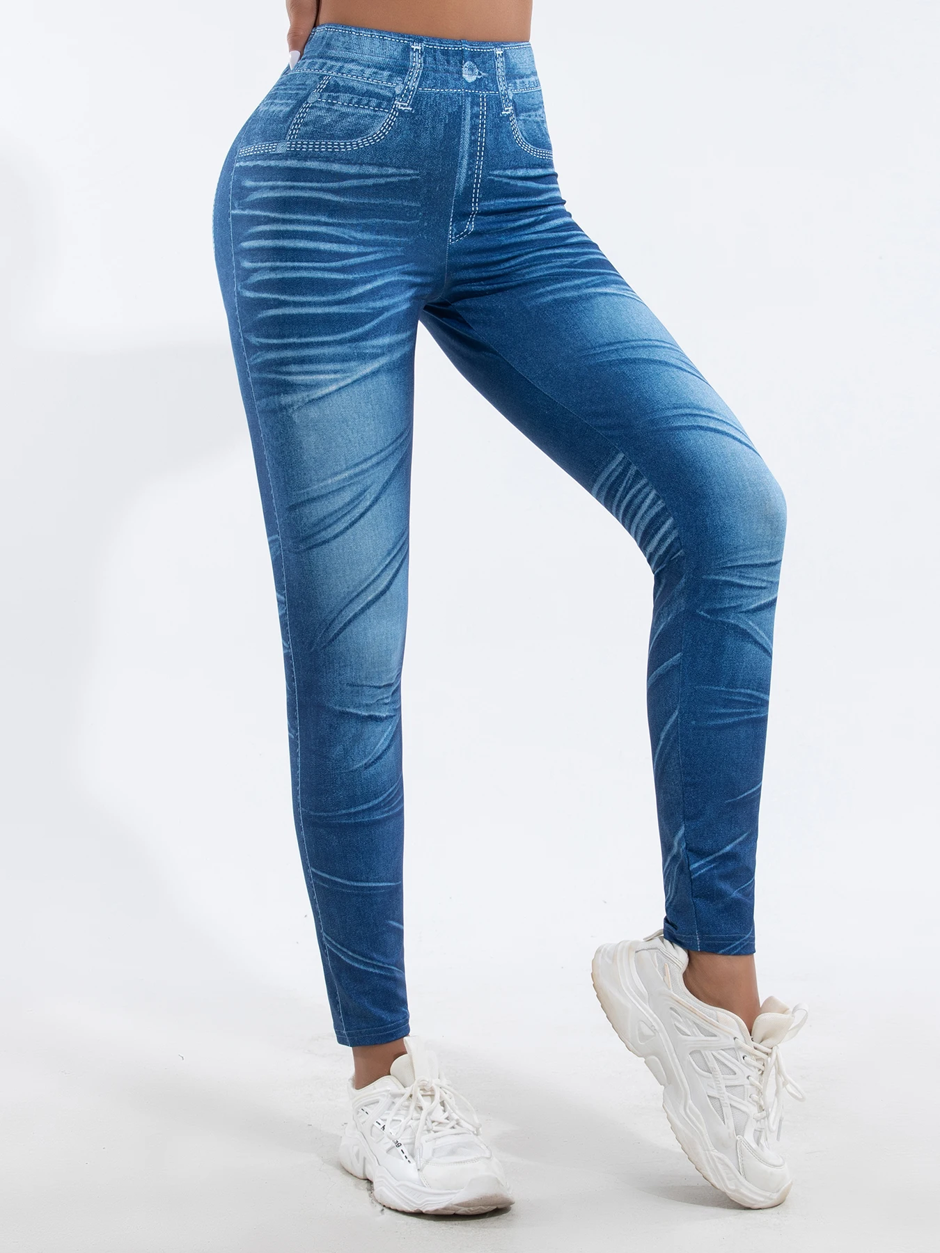 

The New European And American Sales Of Imitation Denim Leggings Women's High Stretch Skinny Pants Fashion Fake Pocket Pants