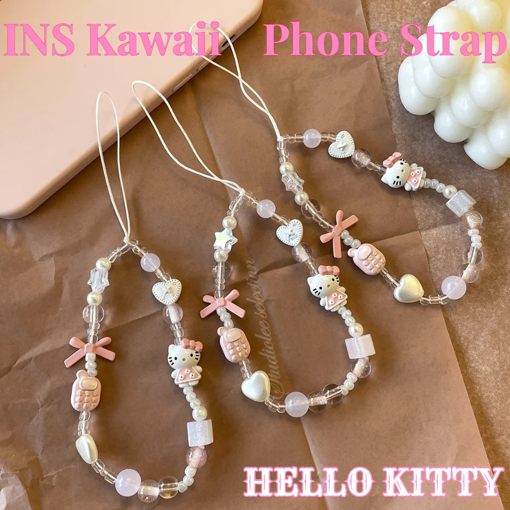 Correa de teléfono con cuentas antipérdida de Hello Kitty, estilo Ins Sweet Kawaii, con lazo y corazón, hecha a mano, colgante para bolso, llavero, regalo para mujer y niña
