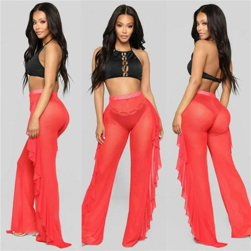 6 Colors Swim Panty for Women 2024 Summer See Though Beach Cover Up Bikini Shorts Anti-Sum Brazilian Ruffle Pant Mesh Swim Dress