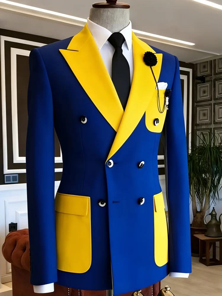 Men Yellow Contrast Peak‑Lapel Double‑Breasted Solid‑Tone Slim‑Fit Wedding Formal Blazer Jacket