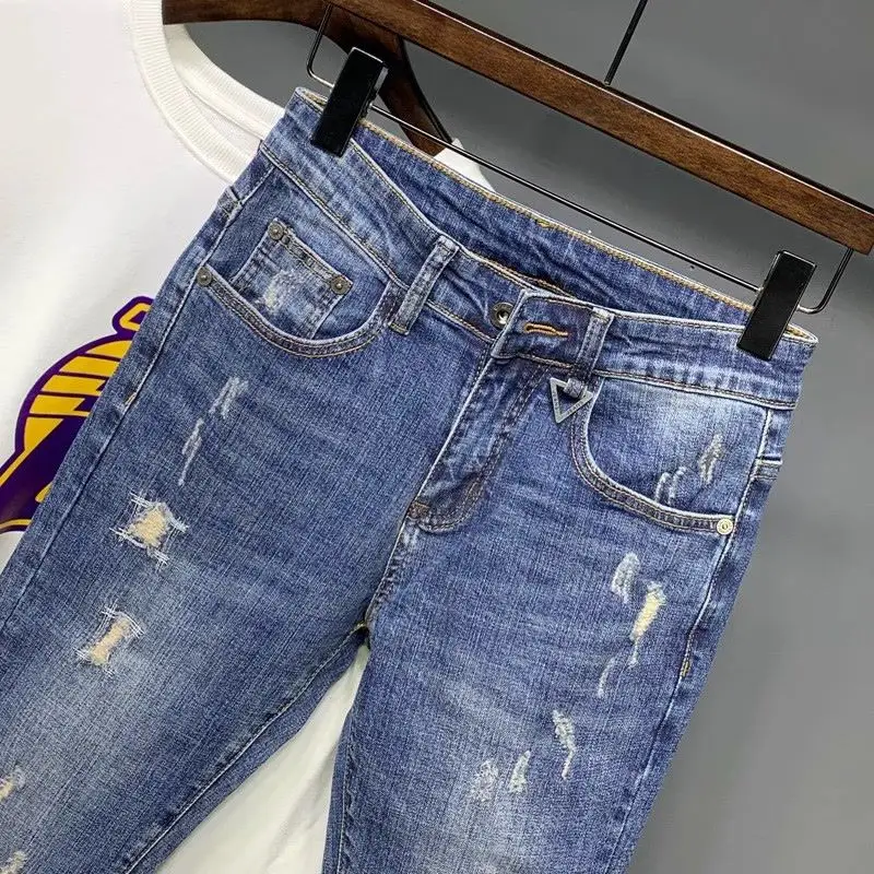 Jeans jeans casual masculino com buracos rasgados, calça justa, estilo coreano, roupas de luxo, novo design, moda, primavera, outono