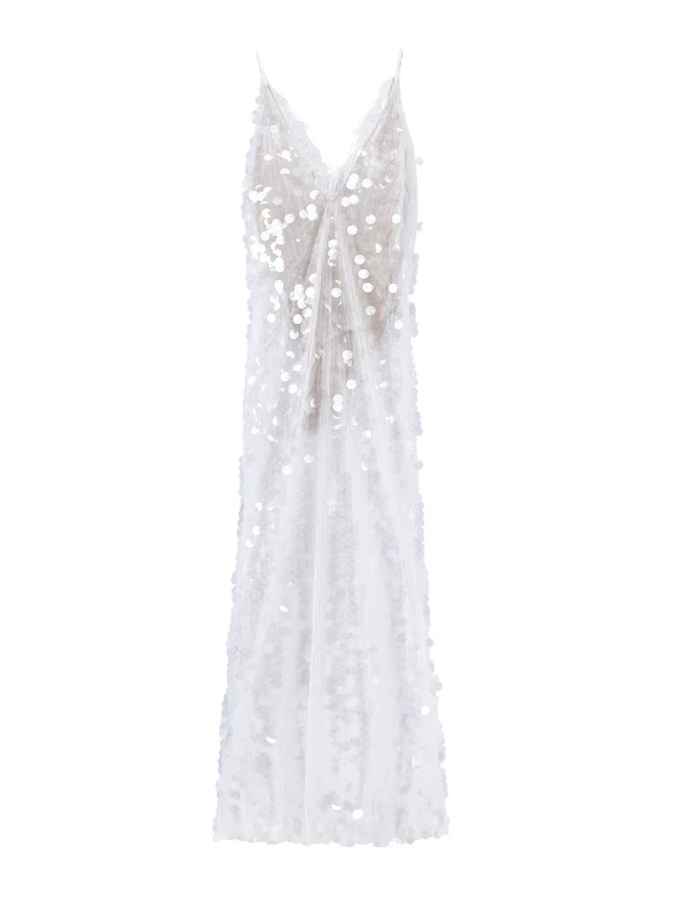 

Пляжное женское длинное платье на бретельках с пайетками, сексуальное, с бахромой, V-образным вырезом, без рукавов, прозрачное, для вечеринок и клубов, лето 2026