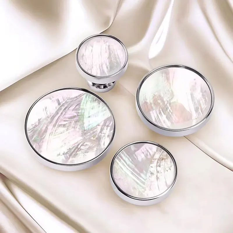 Round Single Hole Drawer Knobs Natural Shell Cabinet Handles Creative Silver Wardrobe Pulls Luxury Brass Furniture Hardware
