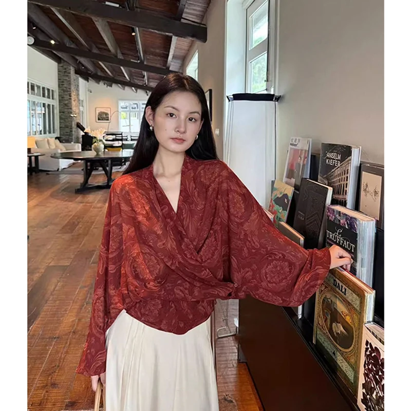 

Винтажные блузки с принтом для женщин, элегантные шифоновые блузки с V-образным вырезом и длинным рукавом, летняя женская уличная одежда, свободные повседневные топы в корейском стиле