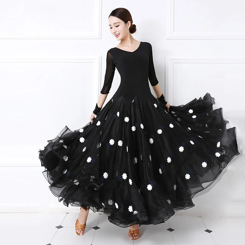 Elegant Standard Waltz Ballroom Dancing Dresses Adult Black Wave Point Modren Dance Skirt Ballroom Competition Dress Women