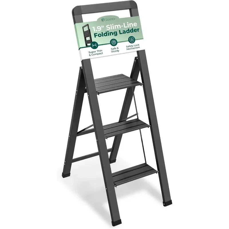 

Step Ladder 3 Step Folding, Decorative - Modern Beautiful Black Aluminum,Lock Mechanism, Ultra Slim Profile