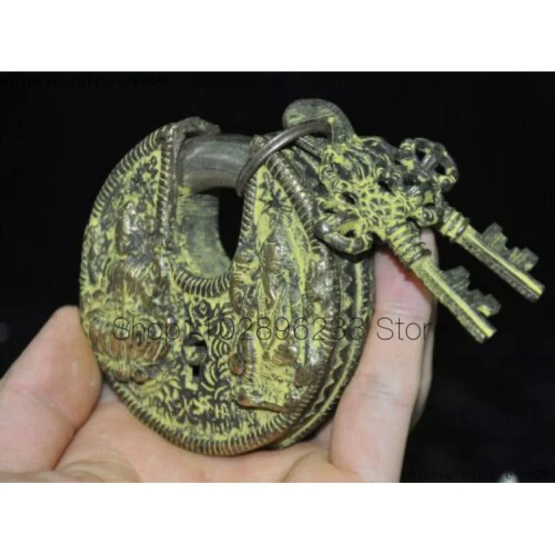 Chinese Ancient Palace Bronze Tibetan Buddhism Statue round Door Lock Unlock Key