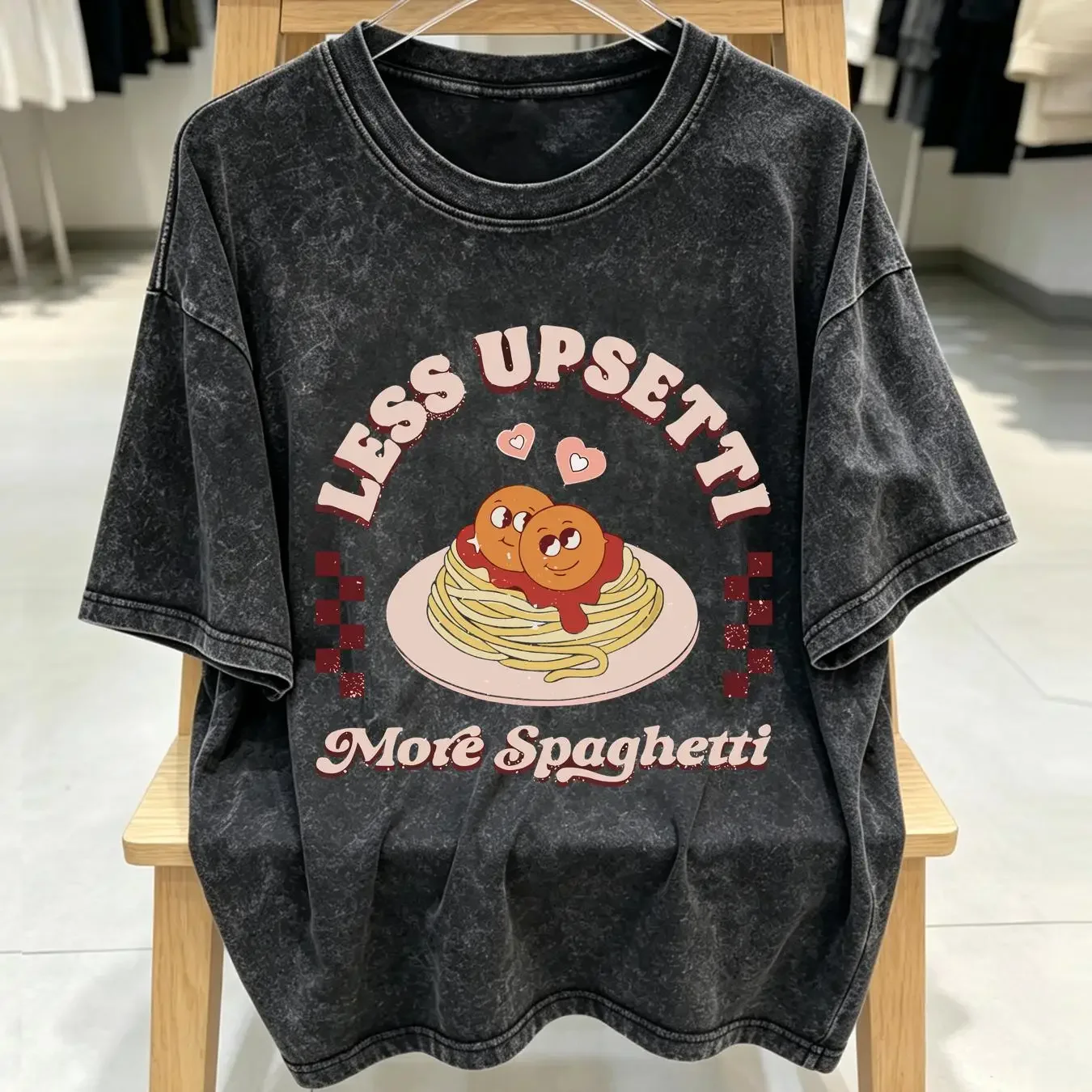 washed T Shirt Less Upsetti More Spaghetti Retro Valentines Day Pasta Lover long or short sleeves vintage Washed streetwear