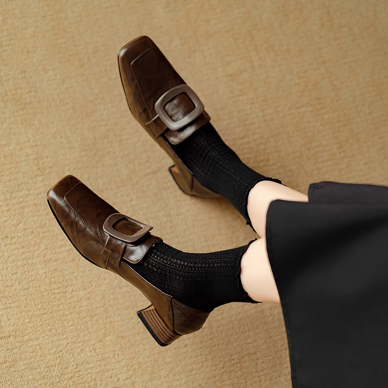 Shoes Female 2024 Hot Sale Mary Janes Women\'s High Heels Retro Dress Pumps Women   Square Toe Med Heel Shoes Women