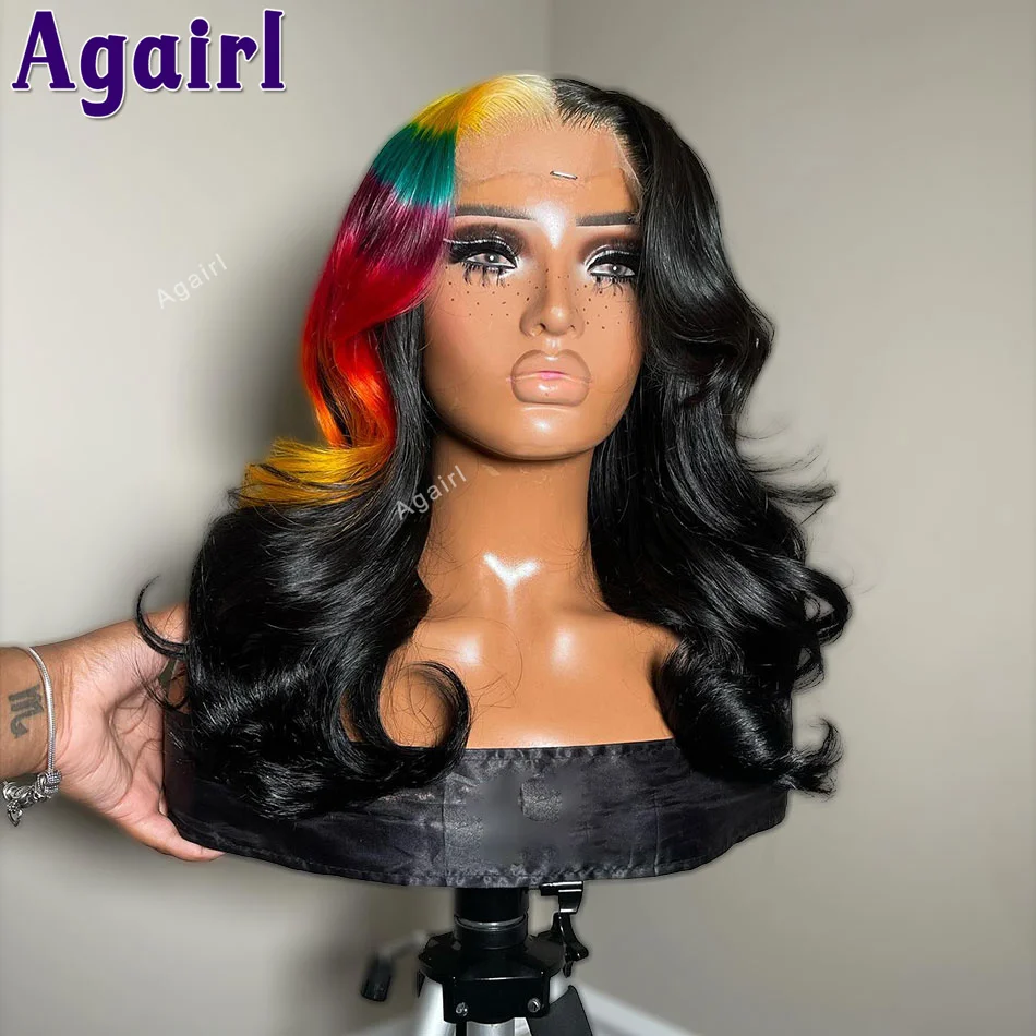 Multil Color Highlight Green Red Yellow 13X6 Lace Front Human Hair Wigs 13x4 Body Wave Lace Frontal Wigs 6X4 Closure Lace Wigs