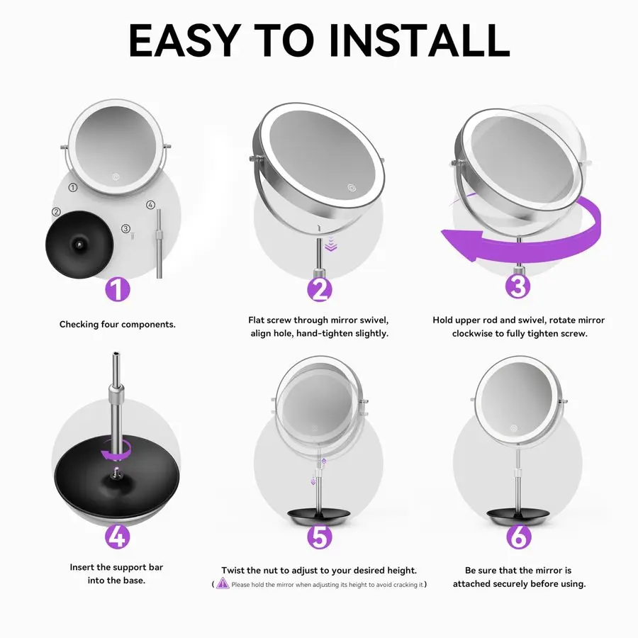 9 Large Lighted Makeup Mirror with Magnification, 1X 30X Double Sided Magnifying Mirror with Adjustable Height, Rechargeable Van