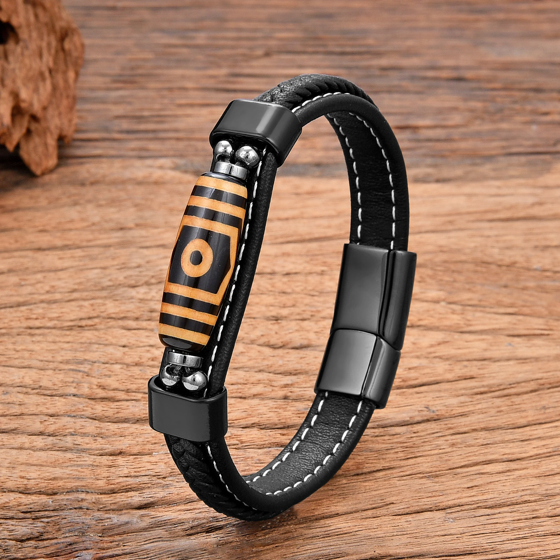 Fashionable Natural Tibetan Dzi Beads Bracelet Advanced Handmade Texture Leather Bracelets Birthday Party Jewelry Accessories