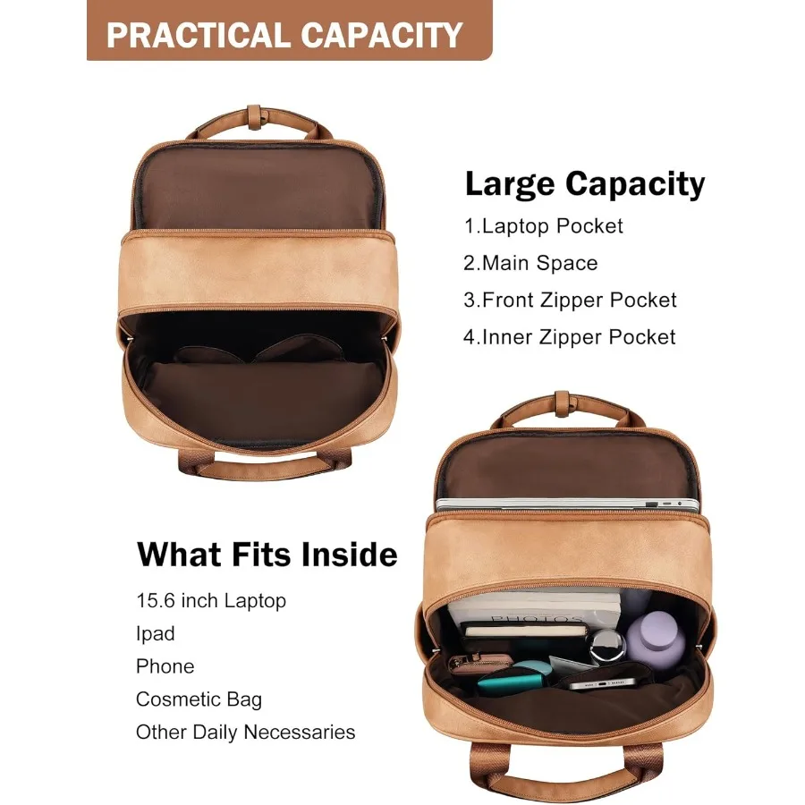 MASINTOR Leather Laptop Backpack for Women Stylish Computer Backpack College Business Work Shoulder Bags Work and Travel Retro