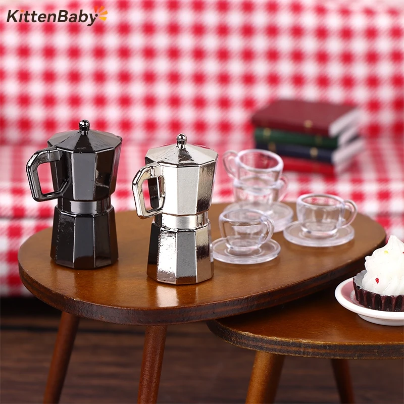 1Set 1:12 Dollhouse Miniature Coffee Pot Metal Kettle Moka Pot WIthink 2 Cup Tray Kitchen Model Decor Toy Doll House Accessories