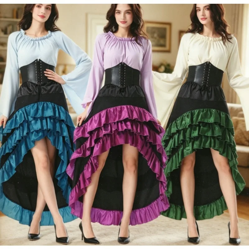 

High Low Hem Ruffle Medieval Dress Pirate Corset Waist Long Skirt for Women Breathable & Flowy Perfect for Halloween Costume