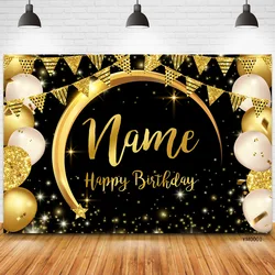 Cartel con nombre personalizado para decoración de fiesta de cumpleaños, cartel dorado y negro para fondo de aniversario, suministros para fiestas