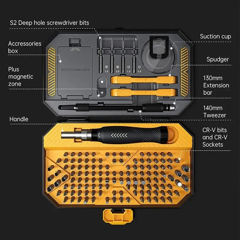 145-in-1 Precision Screwdriver Set with Magnetic CR-V Bits, suitable for mobile phones, computers, and game consoles.