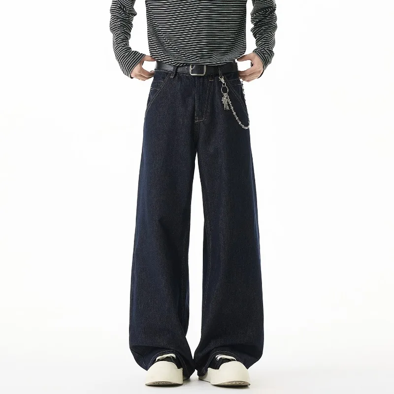 

Contrast Topstitching Design Men's Jeans 2026 Spring New Dark Blue Wide Leg Denim Long Pants Loose Straight Trousers
