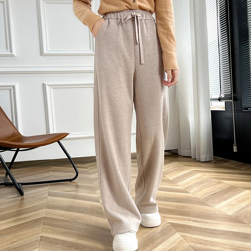 Celana Panjang Fashion Wanita 100% Wol Merino Fashion Warna Solid Celana Panjang Kasmir Lembut Hangat Nyaman Dasar Nyaman