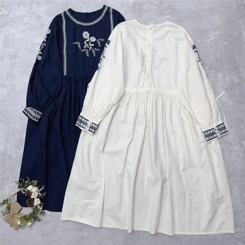 Johnature Embroidered Floral Cotton-linen Drawstring Dress Autumn New Casual Mori Long-sleeve Vintage Women Dresses