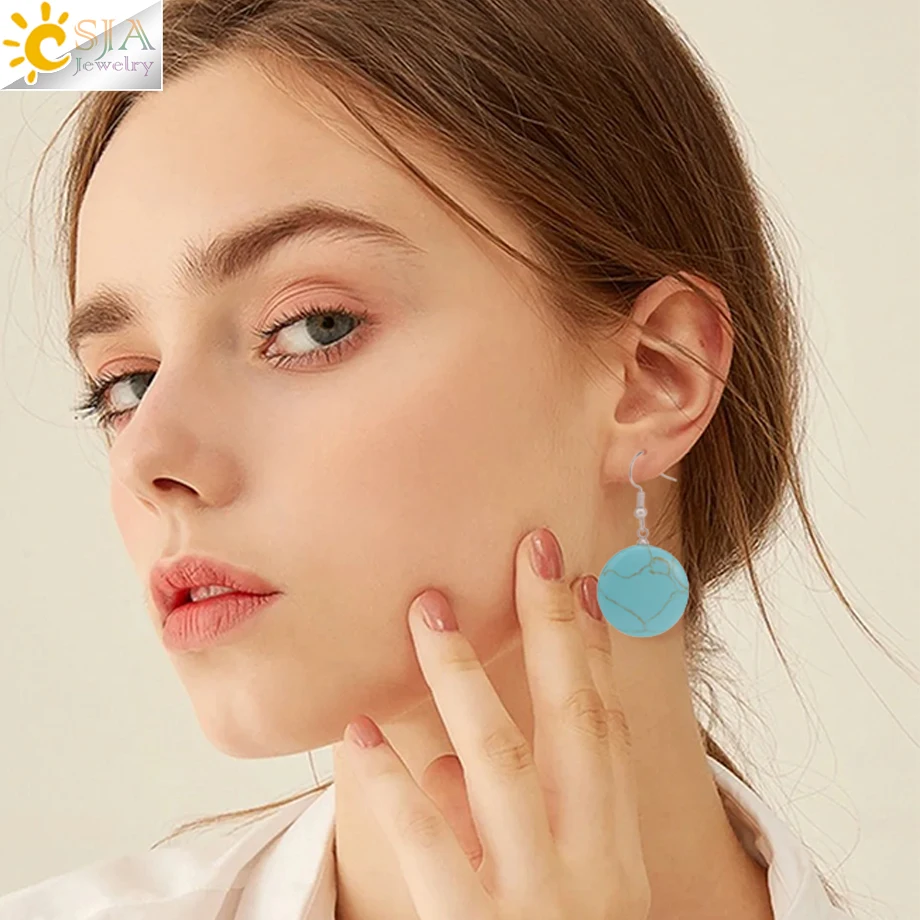 CSJA Korean Drop Earrings for Women Natural Stone Round Pendant Pink Quartz Crystals Hook Earring 2023 Trending Jewelry T063