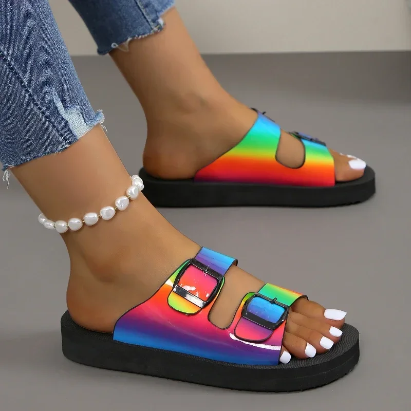 Outdoor Summer Women's Slippers Buckle Decoration Platform Ladies Shoes 2024 Brand Rainbow Color Water Proof Innovative Slippers