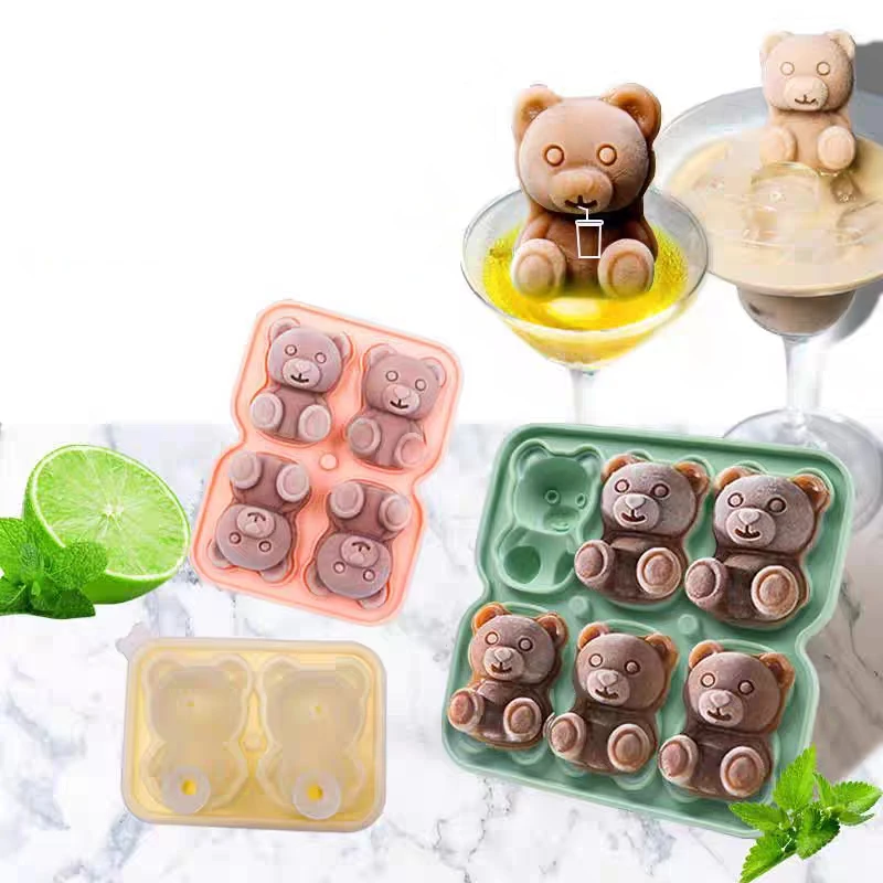 

4 Grid 3D Teddy Bear Shape Ice Cube Silicone Mold Silian Little Bear Ice Block Mold Household Ice Cream Ice Box Cocktail Tool