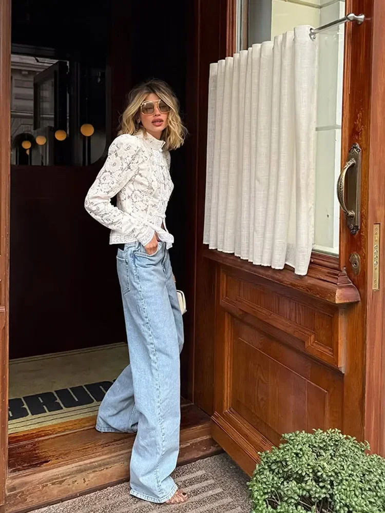 قطع علوية مثيرة لامعة مفرغة للنساء بياقة مستديرة شفافة من خلال سترة فضفاضة بأكمام كاملة 2025 بلوزات شاطئ عطلات غير رسمية أنيقة جديدة #4