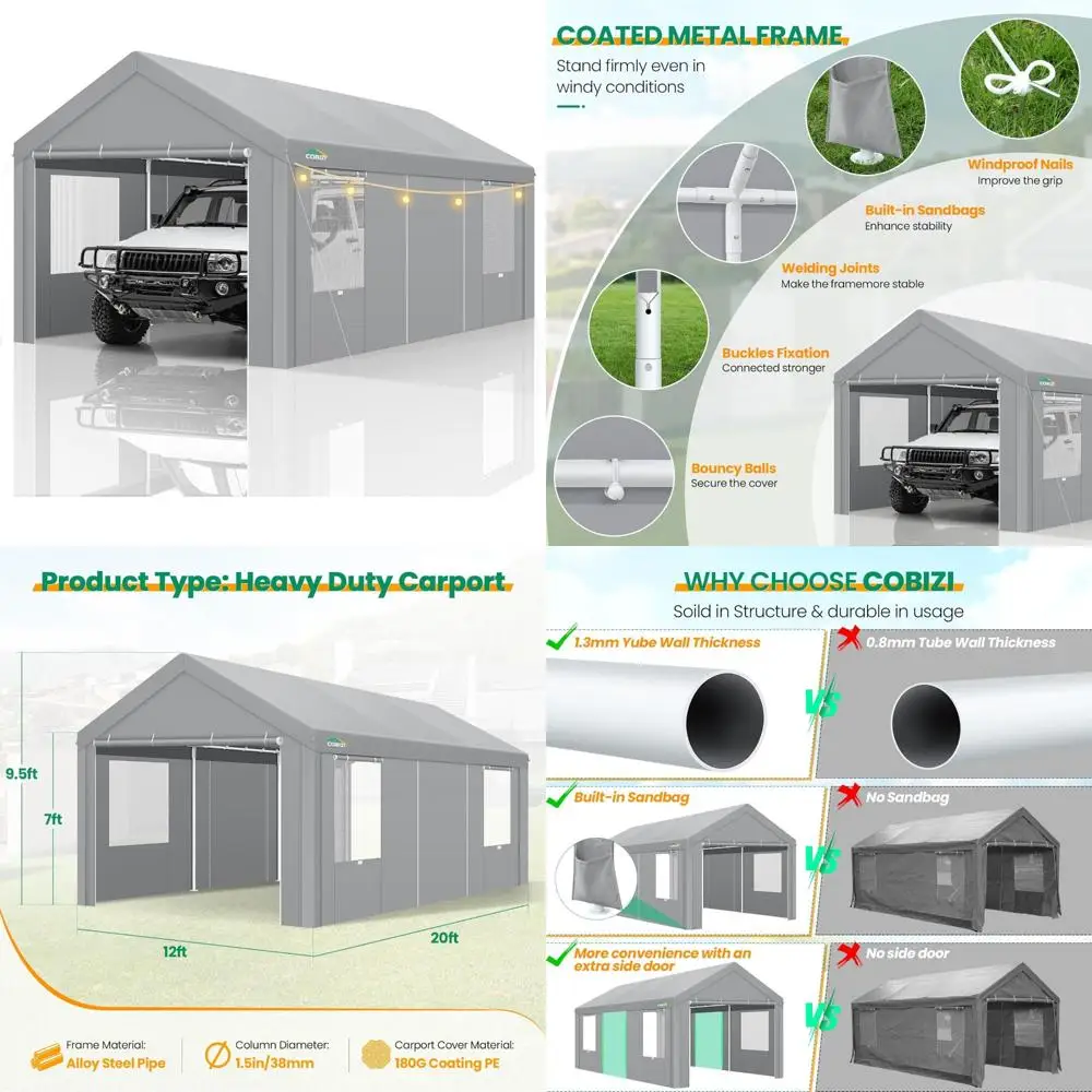 

навес для автоспорта 12x20, сверхмощный портативный гараж со съемными боковыми стенками и дверцами, навес для автомобильного порта с оцинкованной рамой, палатка Waterpr