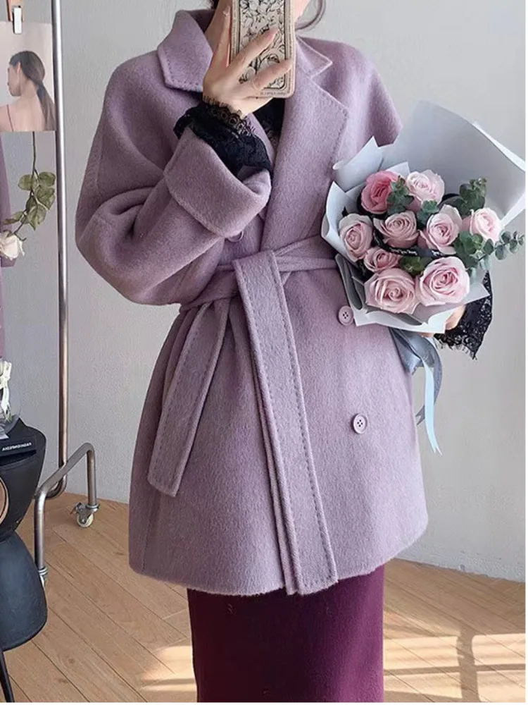 LANMREM Wool Blend Coat For Women 2024 Spring Winter New Notched Double Breasted Belt Short Coats Female Fashion Clothing 2R4681