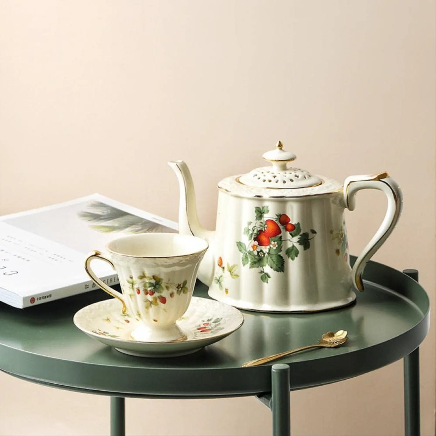 Porcelain Cup and Saucer Set with Gold , 6oz Tea Cup Coffee Mug, Cute Strawberry Pattern