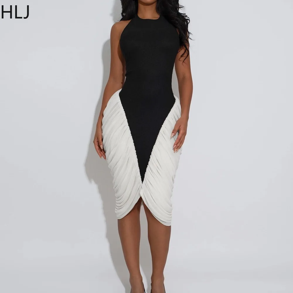 

HLJ Sexy Ruched Patchwork Bodycon Midi Dresses Women Solid Color Halter Sleeveless Dress Female Party Clubwear Vestidos 2025 New
