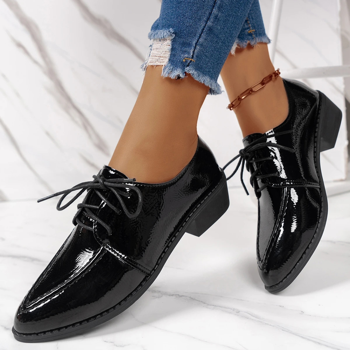 

Women Elegant Patent Leather Dress Shoes for Women 2025 Spring Summer Fashion Pointed Toe Thick Heels Single Shoes Plus Size 43