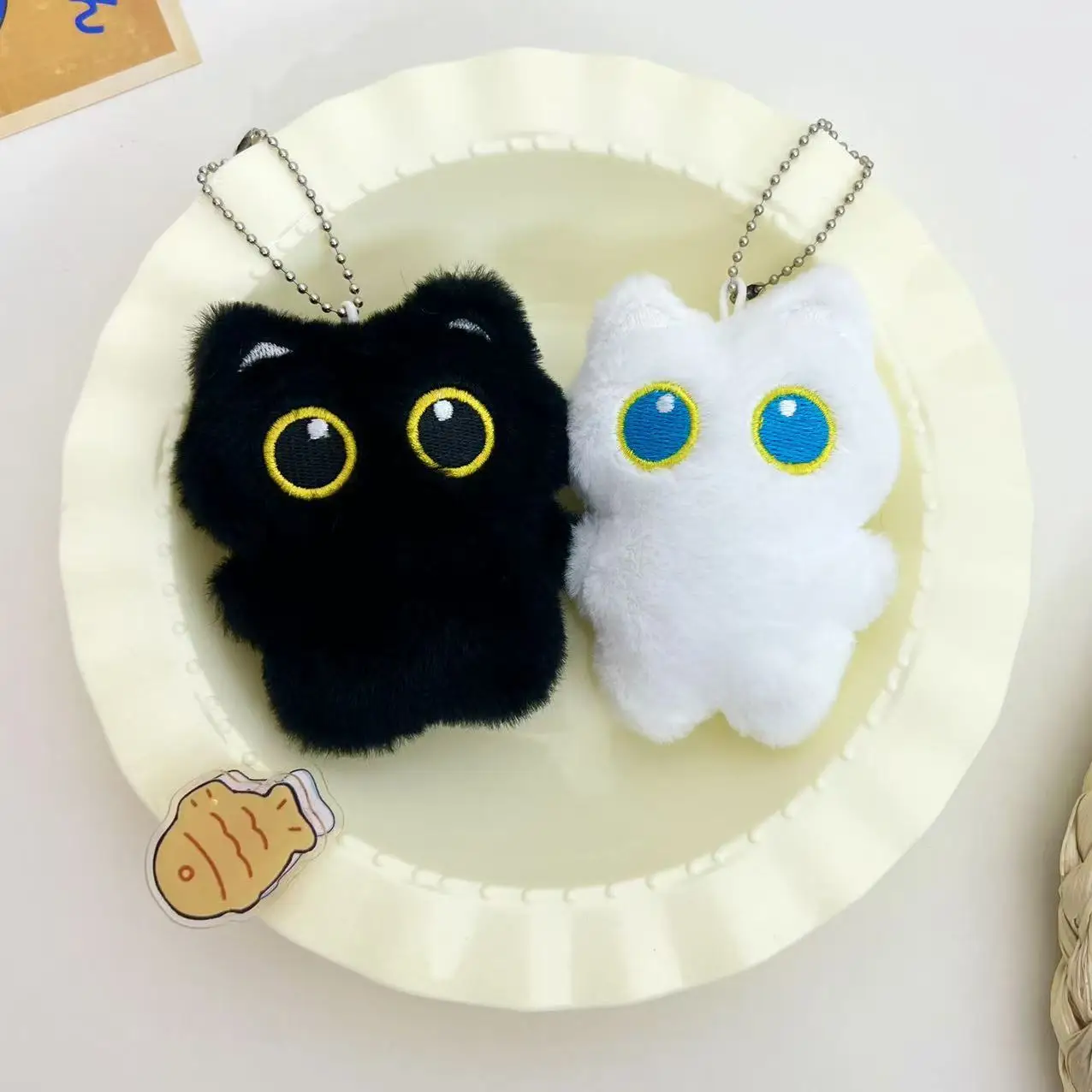 귀여운 만화 봉제 검은 고양이 인형 펜던트 키체인 여성용 창의적인 참 장식 물고기 고양이 ... - 2