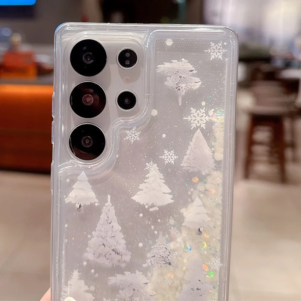 Phone Case For Samsung Galaxy S22 S23 S24 S25 Plus Ultra New INS Quicksand Glitter White Forest Tree Print Clear Potective Cover