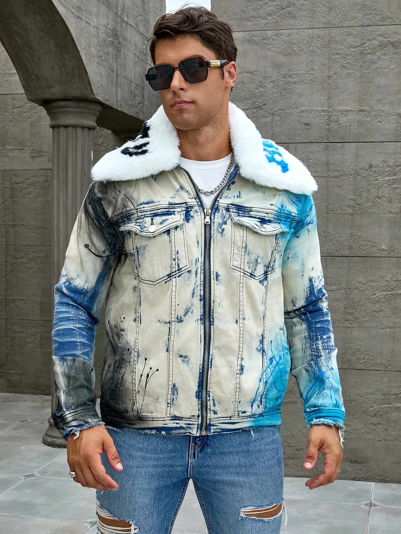 Men's fashion stretch jacket, full strip printing, fashion wash, has a very fashionable design-RSMFABELANTEJKT-WHBL-ML