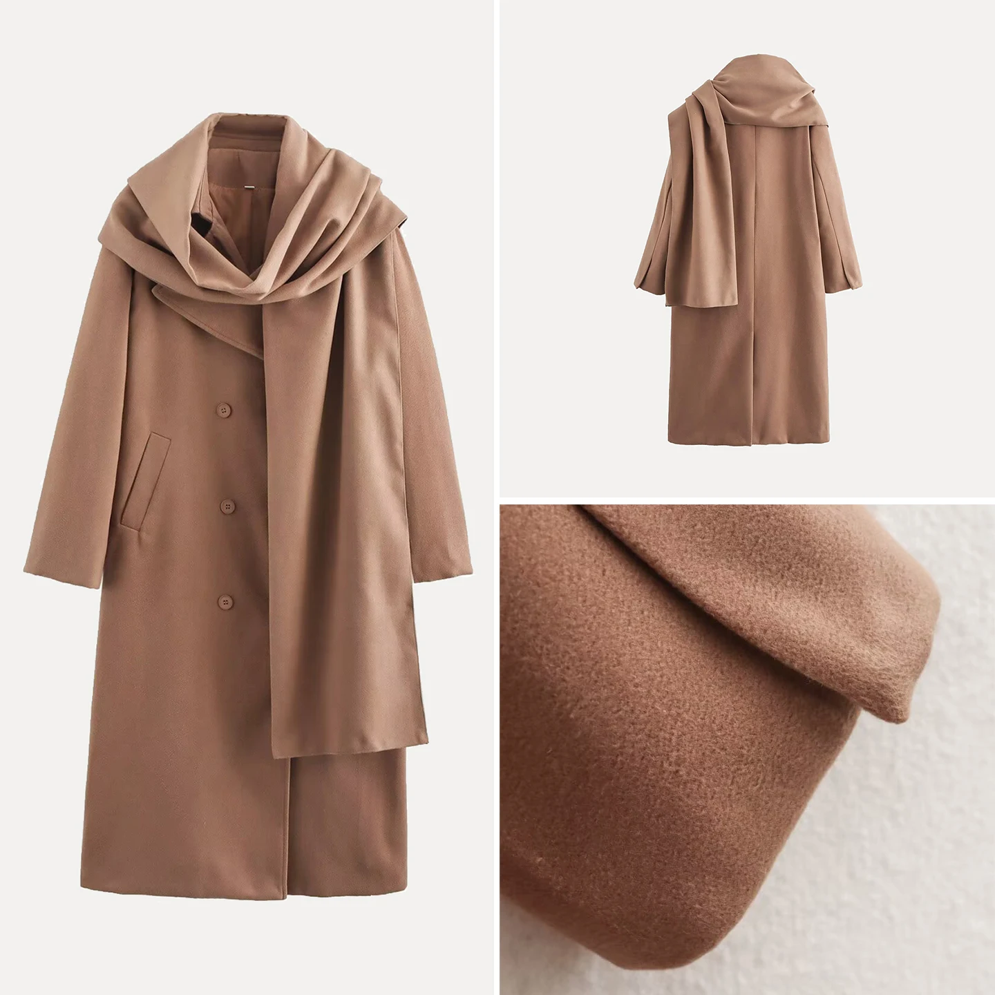 

Длинное шерстяное пальто Ele с воротником-шарфом, двубортное, осеннее, новинка, женская модная одежда, бренд Z