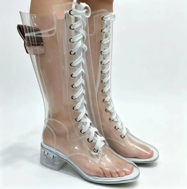 Clear PVC Middle Boots Med Crystal Chunky Heels Transparent Lace- Up Long Booties Shoes Woman Lucency Stage Performance Boots