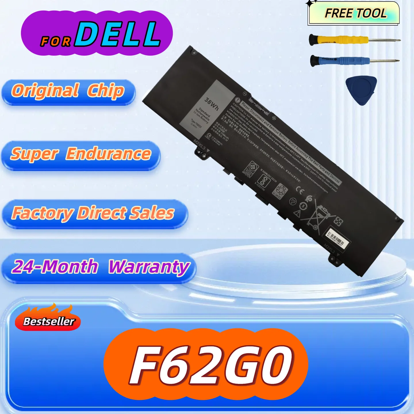

F62G0 Аккумулятор для ноутбука Dell Inspiron 13 7000 7373 7386 2-в-1 7370 7380 P83G P83G002 P91G001 P87G001 Бесплатный инструмент + гарантия 24 м