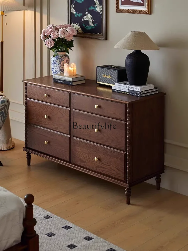 

05 FG17French Retro Solid Wood Bedroom Wall Chest of Drawer Bedroom Storage Six Bucket Storage Cabinet