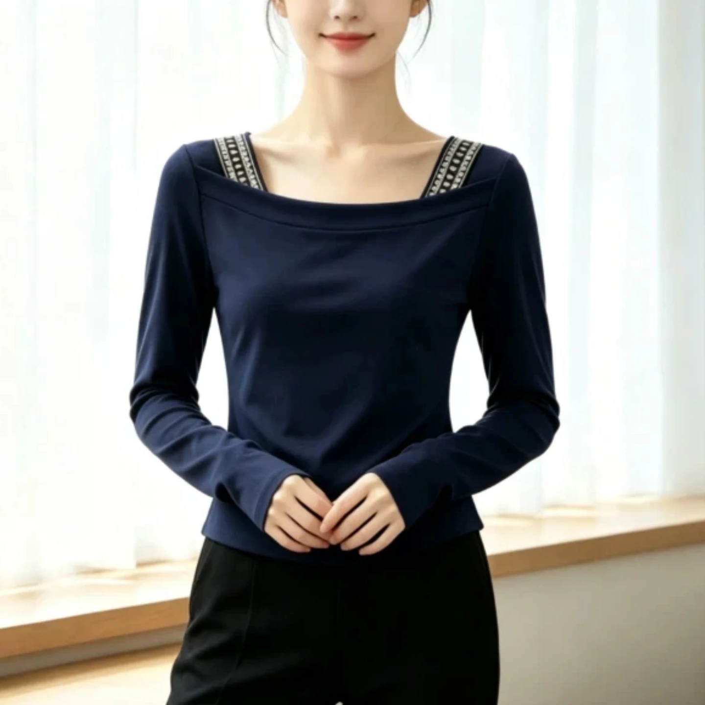 Casual Long Sleeve T-Shirt Women's Korean Style One Shoulder Color Block Base Shirt Inner Wear Top Fashionable Early Autumn N...