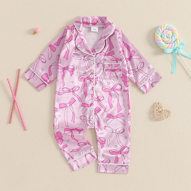 0-18m bebê meninas cetim de seda pijamas macacão bowknot flor impressão lapela pescoço manga longa outono bodysuits macacões pijamas