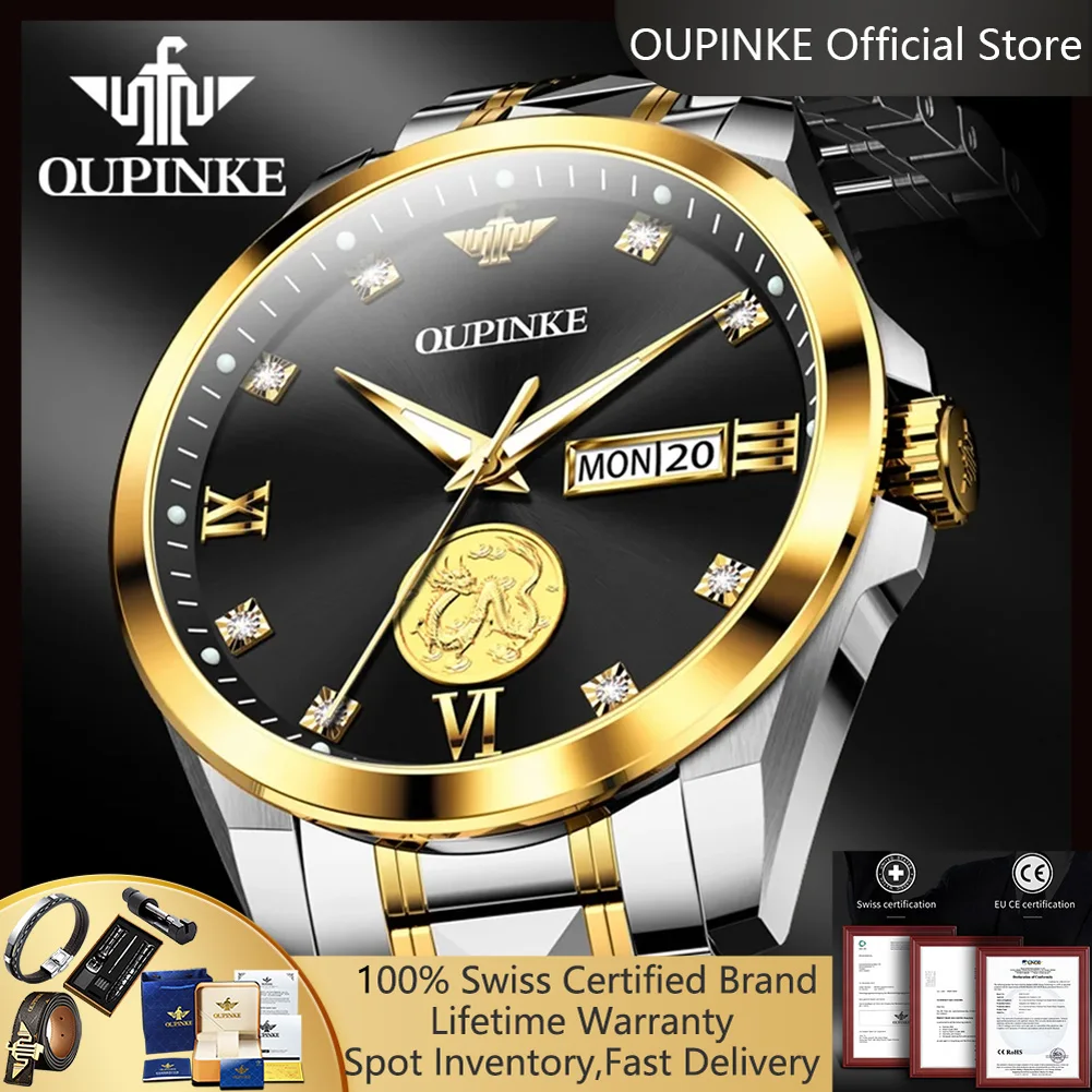 

OUPINKE 3259, настоящие золотые часы с драконом, автоматические мужские часы с двойным календарем, роскошные деловые механические наручные часы, лучшие мужские часы